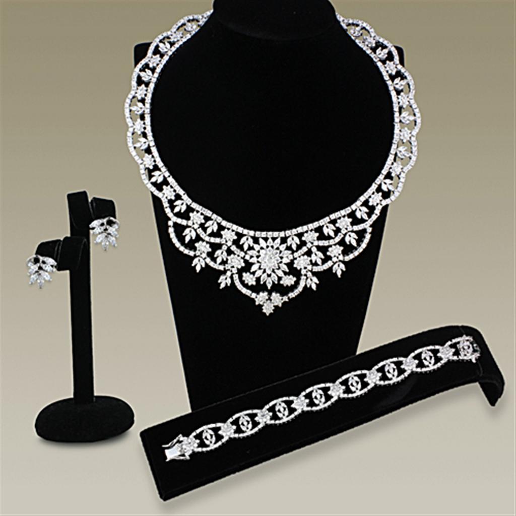 JCE3291 Rhodium Brass Jewelry Sets with AAA Grade CZ  in Clear