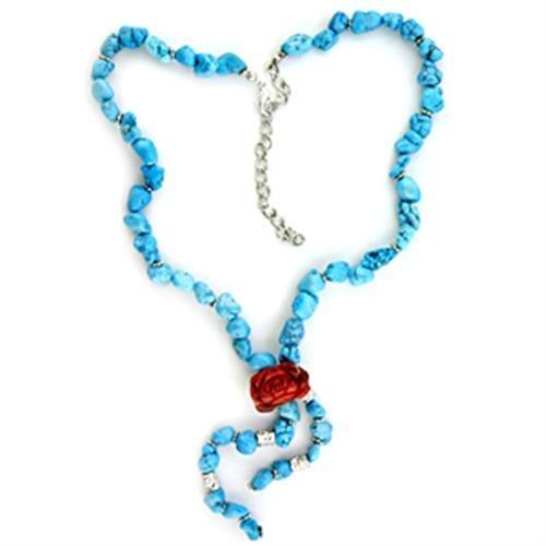 JCEA113 Rhodium Brass Necklace with Synthetic Turquoise in Sea Blue