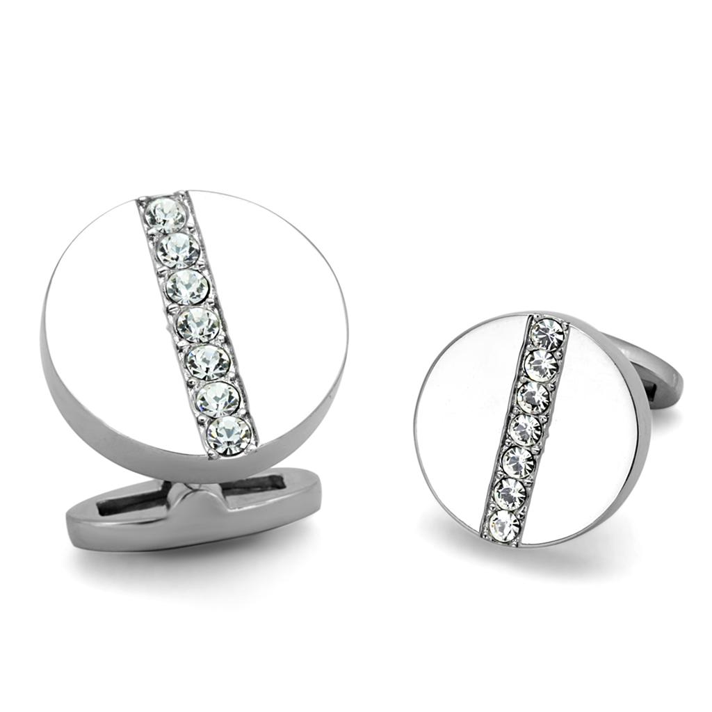 JCE1657 High polished (no plating) Stainless Steel Cufflink with Top Grade Crystal  in Clear-Default Title