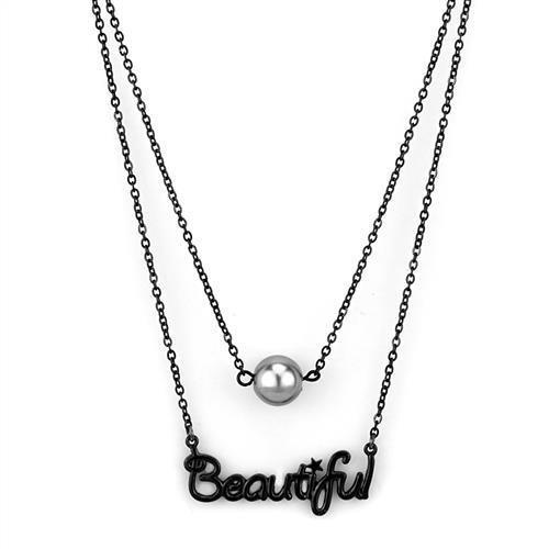 JCE2628 IP Black(Ion Plating) Stainless Steel Necklace with Synthetic Glass Bead in Gray