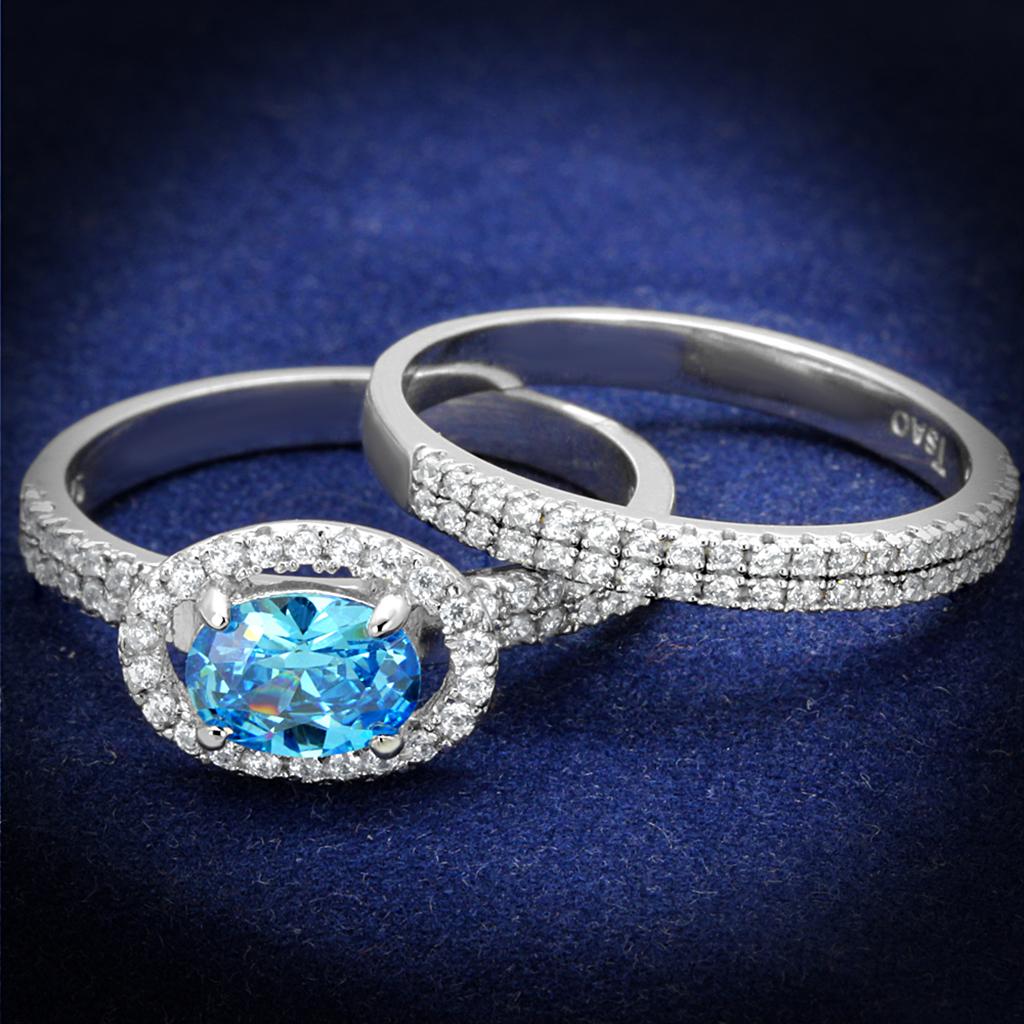 JCE490 Rhodium 925 Sterling Silver Ring with AAA Grade CZ  in Sea Blue