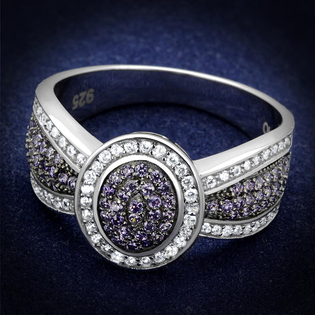 JCE523 Rhodium + Ruthenium 925 Sterling Silver Ring with AAA Grade CZ  in Amethyst